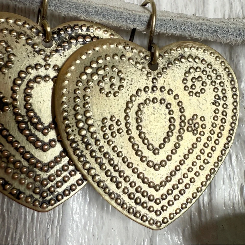 2 Pairs Earrings Boho Metal Hearts Teal Jewel Gold Tone Dangle Hook Pierce Light